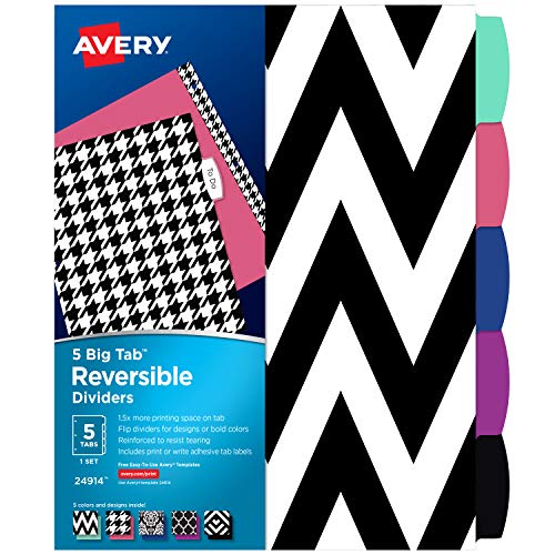 Product Cover Avery 5 Tab Reversible Fashion Binder Dividers, Assorted Designs, Big Tabs, 1 Set (24914)