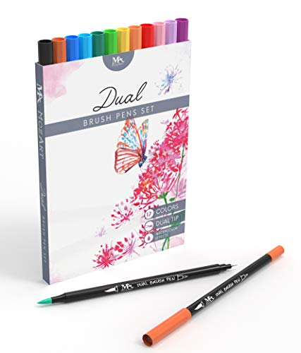 Product Cover Dual Tip Brush Pen Marker Set - 12 Colors Calligraphy Markers - Flexible Brush & Fineliner Tips - Watercolor Effects - Art for Adult Coloring Books, Lettering, Bullet Journal Pens - MozArt Supplies