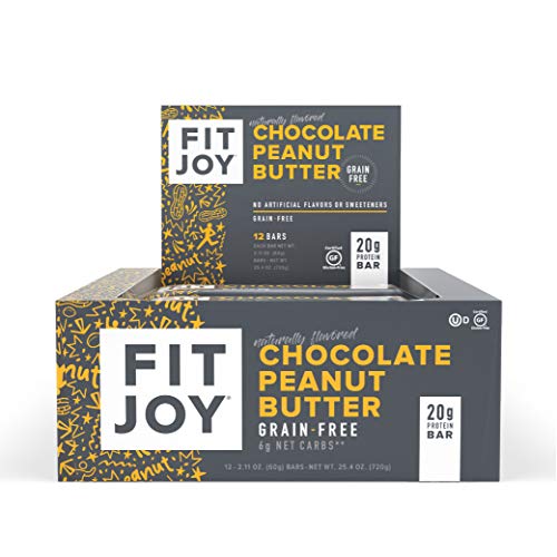 Product Cover FitJoy Protein Bars, Gluten Free, Grain Free, High Protein Snacks - Low Sugar, Low Carb, 20g Protein Bar - Chocolate Peanut Butter, 12 Pack of 2.11 oz. Bars (Packaging May Vary)