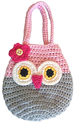 Product Cover Sarah & Victoria Happy Owl Mini Purse, Adorable Pink & Grey First Handbag for Little Girls, 100% Handmade, Natural Soft Cotton, Crochet, Great 2, 3, 4, 5 Year Old Girl Gifts, Valentine Fun & So Cute!