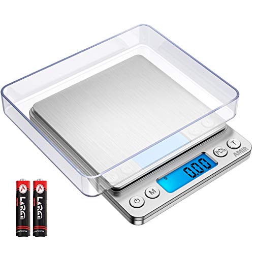 Product Cover AMIR Upgraded Digital Kitchen Scale, 500g-0.01g Mini Pocket Jewelry Scale, Cooking Food Scale, Back-Lit LCD Display, 2 Trays, 6 Units, Auto Off, Tare, PCS, Stainless Steel (Batteries Included)