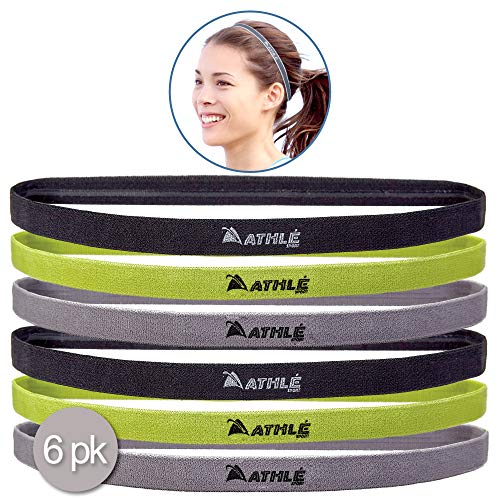 Product Cover Athlé Skinny Sports Headbands 6 Pack - Men's and Women's Elastic Hair Bands with Non Slip Silicone Grip - Lightweight and Comfortable Sweatbands Keep You Cool and Dry - Black, Green, Grey