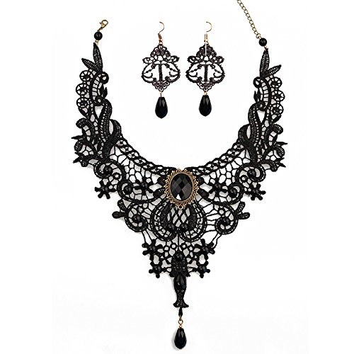 Product Cover JoyTong Black Lace Necklace Earrings Set, Lace Pendant Choker and Eardrop (Black)