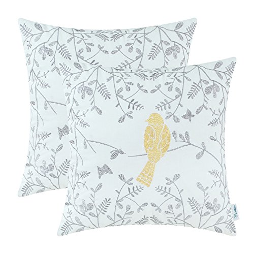 Product Cover CaliTime Pack of 2 Cotton Throw Pillow Cases Covers for Bed Couch Sofa Cute Bird in Gray Garden Embroidered 18 X 18 Inches Gold