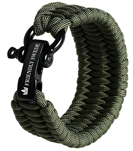 Product Cover The Friendly Swede Trilobite Extra Beefy 550 lb Paracord Survival Bracelet with Stainless Steel Black Bow Shackle, Available in 3 Adjustable Sizes (Army Green, fits 7
