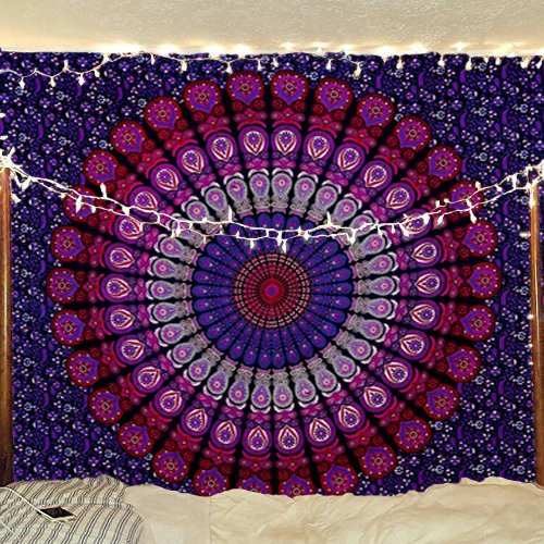 Product Cover Bless International Indian Hippie Bohemian Psychedelic Peacock Mandala Wall Hanging Bedding Tapestry (Purple Pink, Queen(84x90Inches)(215x230Cms))