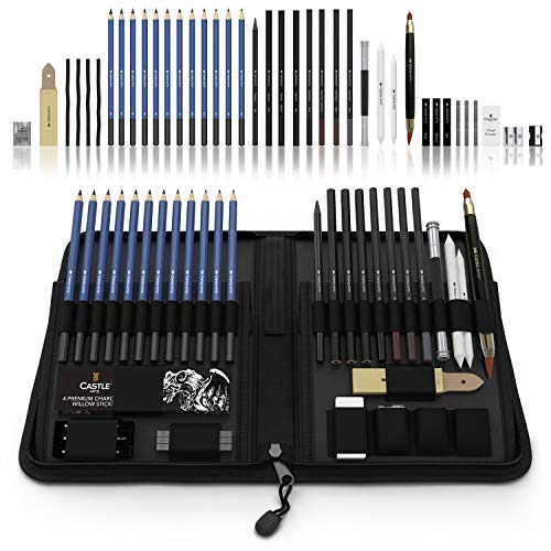 Product Cover Castle Art Supplies Graphite Drawing Pencils and Sketch Set (40-Piece Kit), Complete Artist Kit Includes Charcoals, Pastels and Zippered Carry Case, Includes Rare Pop-Up Stand