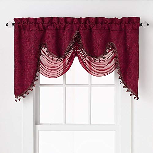 Product Cover GoodGram Ultra Elegant Clipped Jacquard Georgette Fringed Window Valance with an Attached Sheer Swag Assorted Colors (Burgundy)