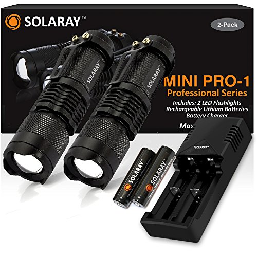 Product Cover Solaray Portable Mini LED Tactical Flashlights - Super Bright Mini-Pro 1 Series Kit - High Lumen, 3 Light Modes, Attached Belt Clip - Batteries and Charger Included