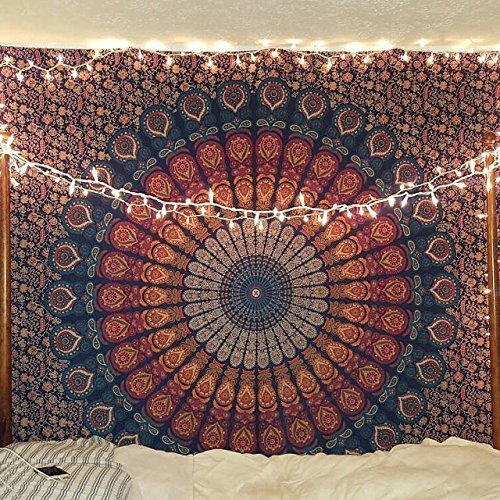 Product Cover Bless International Indian Hippie Bohemian Psychedelic Peacock Mandala Wall Hanging Bedding Tapestry (Golden Blue, Queen(84x90Inches)(215x230Cms))