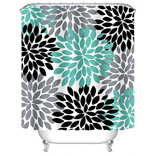 Product Cover Uphome Dahlia Pinnata Floral Shower Curtain, Antique Colorful Teal Black Grey Flower Bathroom Curtain Sets, Water Resistant Decorative Bathroom Fabric, 72 x 72 Inch