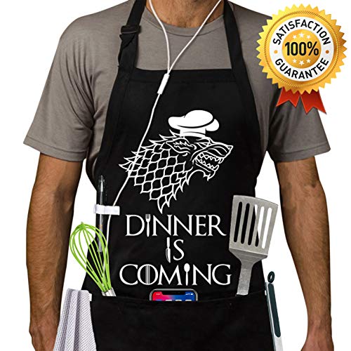 Product Cover Grill Aprons Kitchen Chef Bib - Dinner is Coming Professional for BBQ, Baking, Cooking for Men Women / 100% Cotton, Adjustable 3 Pockets, Black