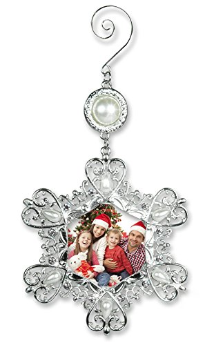 Product Cover BANBERRY DESIGNS Christmas Photo Ornament - Silver Metal Snowflake with Crystals and Pearls - Hanging Snowflake Ornament - Filigree Snowflake