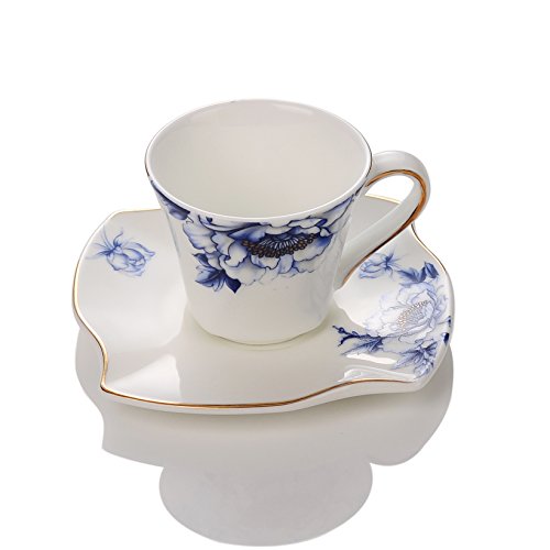 Product Cover Porlien Porcelain 2.5-Ounce/80ml Small Espresso Cups Set of 4 with Saucers, Blue Floral