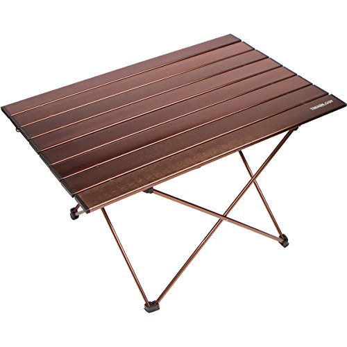 Product Cover Trekology Portable Camping Side Tables Aluminum Table Top: Hard-Topped Folding Table in a Bag Picnic, Camp, Beach, Boat, Useful Dining & Cooking Burner, Easy to Clean (Brown, Large)