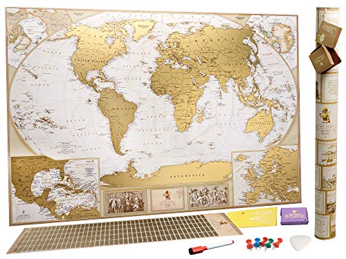 Product Cover MyMap Antique Scratch Off map Large Gold World Map w/ EnLarge Europe and Caribbeans Map w USA States 35x25 inc Detailed Push Pin Travel Map Poster To Mark 10.000 Cities Anniversary Birthday Idea