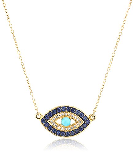 Product Cover 18k Yellow Gold Plated Sterling Silver Stabilized Turquoise with Created Blue and White Sapphire Evil Eye Necklace, 18