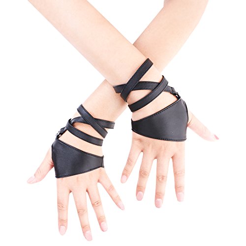 Product Cover JISEN Women Half Palm Fingerless PU Leather Night Bar Band Up Punk Gloves Black
