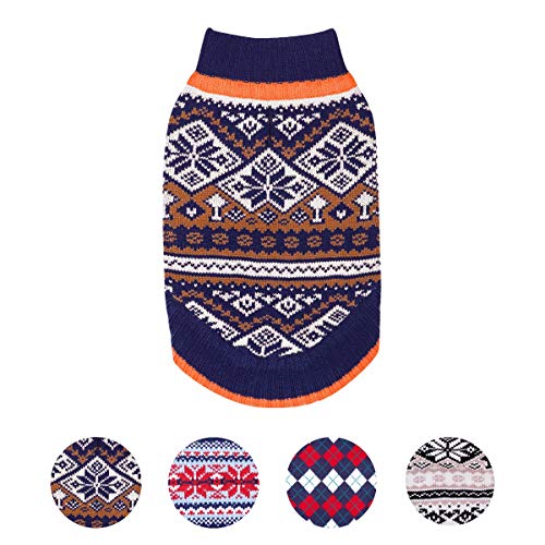Product Cover Blueberry Pet Nordic Pattern Inspired Fair Isle Navy Blue Snowflakes Dog Sweater, Back Length 14