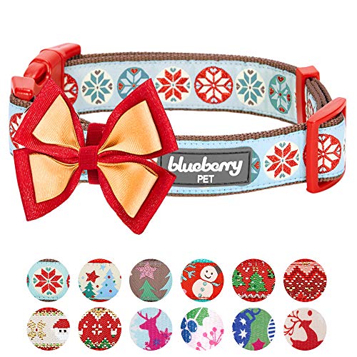 Product Cover Blueberry Pet 4 Patterns Christmas Moments of Joy Vintage Snowflakes Designer Adjustable Bowtie Dog Collar, Large, Neck 18