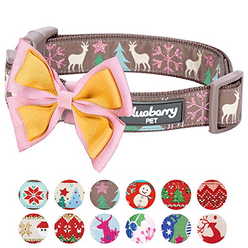 Product Cover Blueberry Pet 4 Patterns Christmas Moments of Peace Happy Reindeer Designer Adjustable Bowtie Dog Collar, Medium, Neck 14.5
