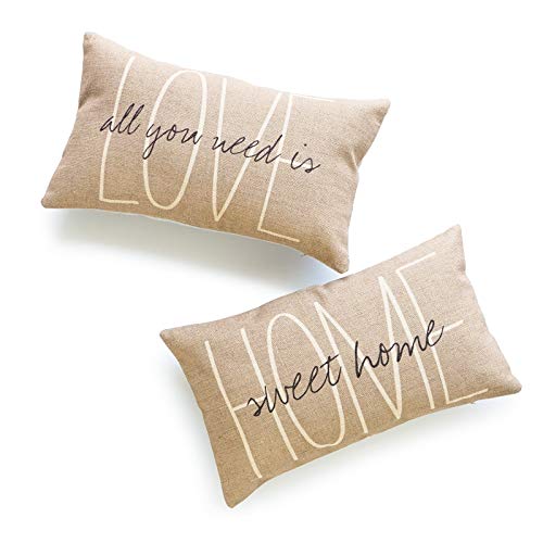 Product Cover Hofdeco Decorative Lumbar Pillow Cover HEAVY WEIGHT Cotton Linen His and Her Tan Home Sweet Home Love Is All You Need 12