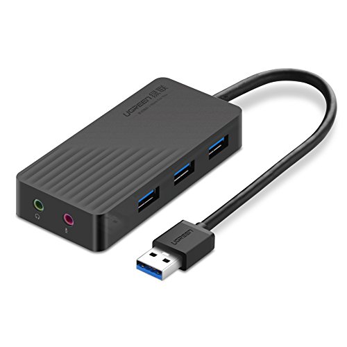 Product Cover UGREEN USB 3.0 Hub 3 Ports USB Sound Card 2 in 1 External Stereo Audio Adapter 3.5mm with Headphone and Microphone 5Gbps High Speed for Mac OS, Windows, Linux iMac, MacBook, Mac Mini, PCs, Tablets