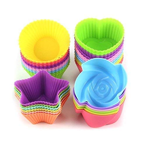 Product Cover LetGoShop Silicone Cupcake Liners Reusable Baking Cups Nonstick Easy Clean Pastry Muffin Molds 4 Shapes Round, Stars, Heart, Flowers, 24 Pieces Colorful