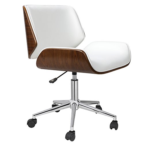 Product Cover Porthos Home Dove Office Chairs in Mid-Century Modern Design with Leather Upholstery, Wooden Accents, Stainless Steel Legs, Roller Wheels & Adjustable Height, White