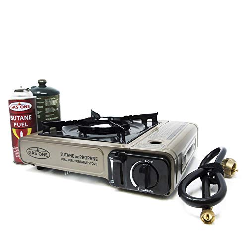 Product Cover Gas ONE Propane or Butane Stove GS-3400P Dual Fuel Portable Camping and Backpacking Gas Stove Burner with Carrying Case Great for Emergency Preparedness Kit (Gold)