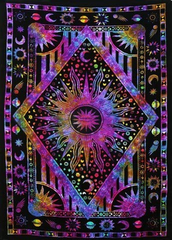 Product Cover Amazon's ranked #1 Twin Blue Tie Dye Purple Burning Sun Tapestry, Celestial Sun Moon Planet Bohemian Tapestry Tapestry Tapestry Wall Hanging Boho Tapestry Hippie Hippy Tapestry Beach Coverlet Curtain