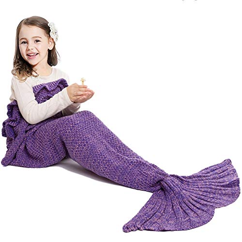 Product Cover JR.WHITE Mermaid Tail Blanket for Kids Adult,Hand Crochet Snuggle Mermaid,All Seasons Seatail Sleeping Bag Blanket (Purple)