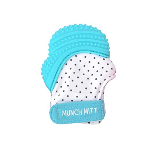 Product Cover Malarkey Kids Munch Mitt Teething Mitten - The ORIGINAL Mom-Invented Silicone Teether Mitten with Travel Bag - Ideal Teething Toys for Baby Shower Gift - Aqua Polka Dot