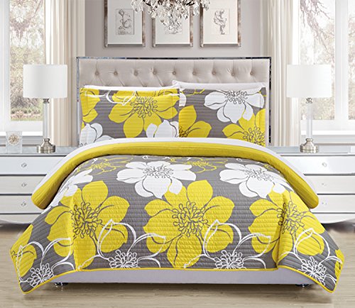 Product Cover Chic Home Woodside 3 Piece Quilt Set Abstract Large Scale Printed Floral - Decorative Pillow Sham Included, King, Yellow