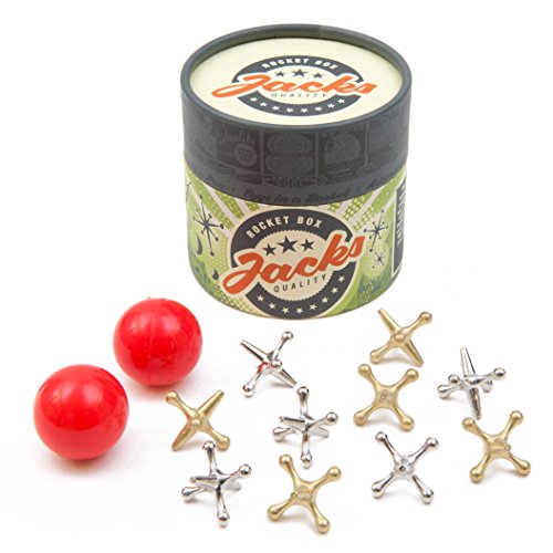 Product Cover Rocket Box Jacks Game: Retro, New Vintage, Classic Game of Jacks, Gold and Silver Toned Jacks, Two Red Bouncy Balls and Set of Instructions, Fun for Kids and Adults of All Ages.