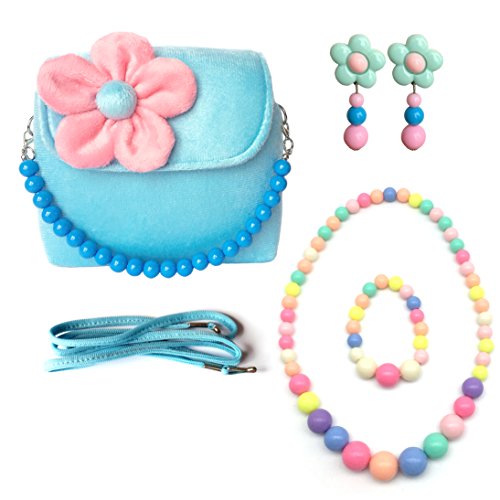 Product Cover Elesa Miracle Little Girl Bag Beauty Set Plush Handbag + Flower-Shaped Clip-on Earrings + Necklace and Bracelet Set (Blue)