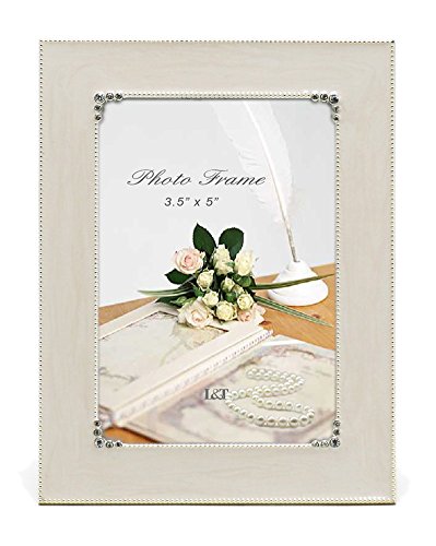 Product Cover L&T Elegance Metal Picture Frame Silver Plated with Cream White Enamel and Crystals 3.5 x 5 Inch