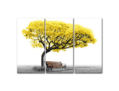 Product Cover Canvas Wall Art Paintings For Home Decor Yellow Tree Park Bench In Black And White 3 Pieces Panel Modern Giclee Framed Artwork The Pictures For Living Room Decoration Landscape Photo Prints On Canvas