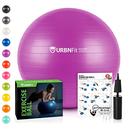 Product Cover URBNFit Exercise Ball (Multiple Sizes) for Fitness, Stability, Balance & Yoga - Workout Guide & Quick Pump Included - Anit Burst Professional Quality Design (Purple, 65CM)