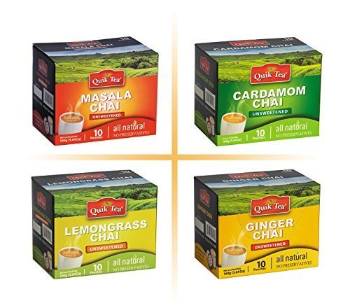 Product Cover QuikTea 4 Flavors Unsweetened Variety Pack, Cardamom/Masala/Ginger/Lemongrass, 640 Gram
