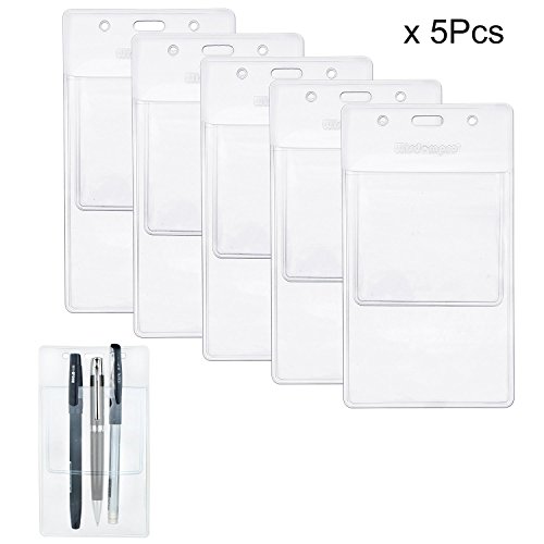 Product Cover Wisdompro 5 Pack Heavy Duty Pocket Protector for Shirts, Lab Coats, Pants - Multi-Purpose- Holds Pens, Pointers, Cards, and Notes. Top is Pre-Slotted for Lanyard and Has Holes for Nametag - Clear