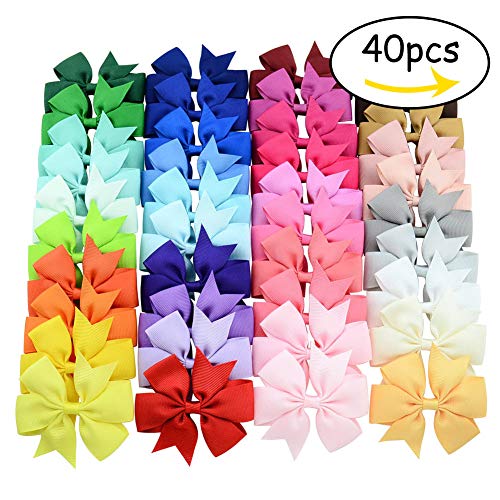 Product Cover Hair Bows Clips Solid Color Grosgrain Ribbon Larger Hair Bows Alligator Clips Hair Accessories for Baby Girls Infants Toddlers Kids Teens (3 inch, 40Pcs)
