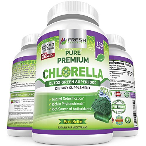 Product Cover Premium Chlorella Supplement by Fresh Healthcare, 1200mg Pure Vegan Powder Capsules, 180 Chlorophyll and CFG Pills, Natural Detox Superfood, Rich in B Vitamins and Minerals, Bonus E-Book Included