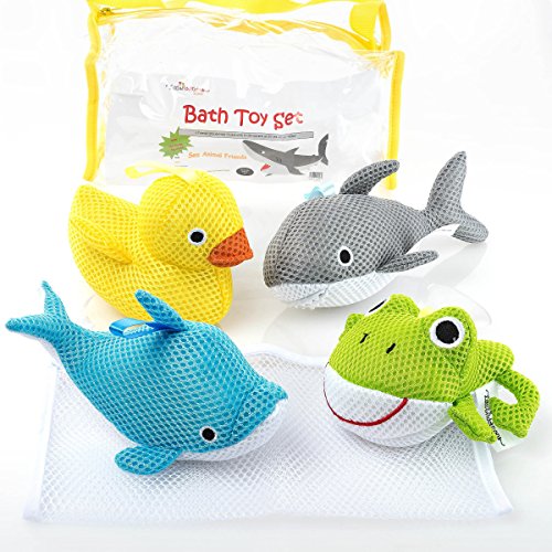 Product Cover Bath Toys - Soft & Educational Bath Toy for Baby & Toddlers - Use In or Out of Tub - BONUS Mesh Bath Toy Storage Bag with Suctions for Easy Drying- No Mold Bath Toy