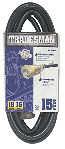 Product Cover Woods 32472 12/3 15-Foot SJTOW Heavy Duty Lighted Extension Cord for Indoor/Outdoor Use, Black,