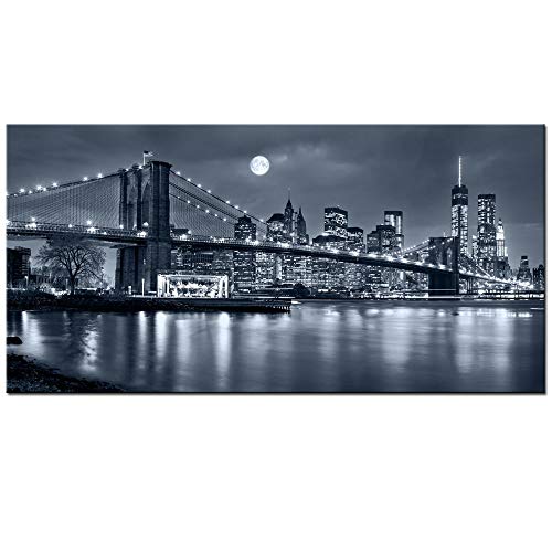 Product Cover LevvArts - Large Size Brooklyn Bridge Canvas Wall Art,Moon Night New York City Scene Picture Print on Canvas,Framed Gallery Wrapped,Modern Home and Office Decoration,-24