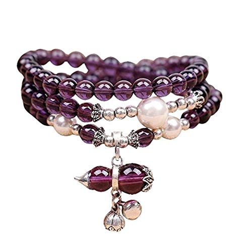 Product Cover Natural Amethyst Beads Bracelet, 6mm Purple Bead Stretchy Gourd Bracelet Chakra Jewelry Good Luck Mala Necklace Thanksgiving Gift Unisex