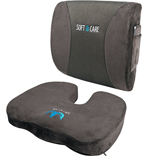 Product Cover SOFTaCARE Seat Cushion Coccyx Orthopedic Memory Foam and Lumbar Support Pillow, Set of 2, Dark Gray
