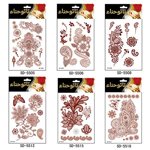 Product Cover Adecco LLC Henna Tattoo, 6 Sheets Henna Stickers, Waterproof Red Henna Tattoo Stickers for Women