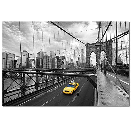 Product Cover LevvArts - Modern Cityscape Canvas Wall Art,New York Yellow Taxi on The Brooklyn Bridge Picture Print on Canvas Painting,Framed and Ready to Hang